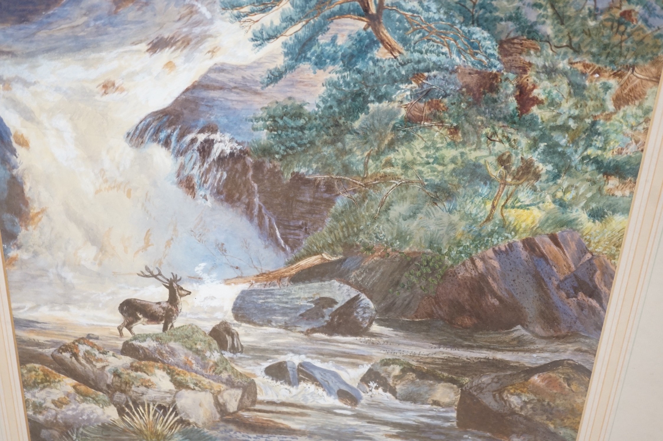 N. Gebherdt, watercolour, Stag beside a waterfall, signed, 57 x 43cm